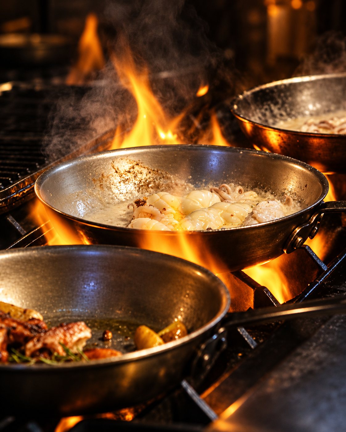 Pans over an open flame in the Botte kitchen