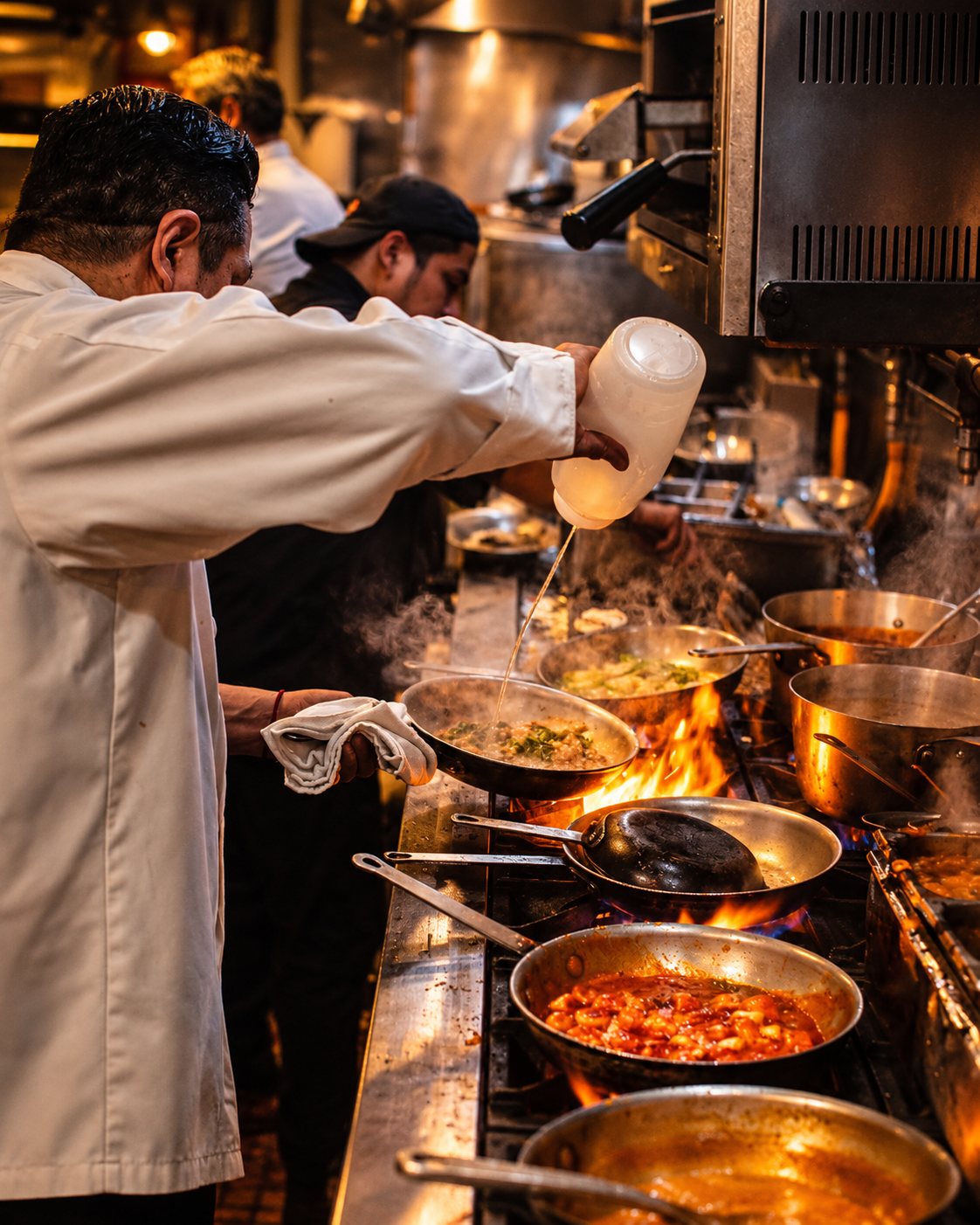 A cook finishing a dish on the busy line at Botte